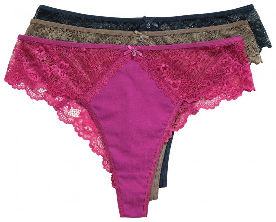 Ulla Popken 848522 Stringtrusser med blonde 3-pak Mørklilla - Trusser - 