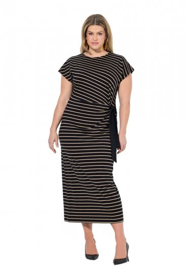 Ulla Popken 848921 Stribet jerseykjole med bindebælte Sort - Maxikjoler - Maxikjoler i plus size