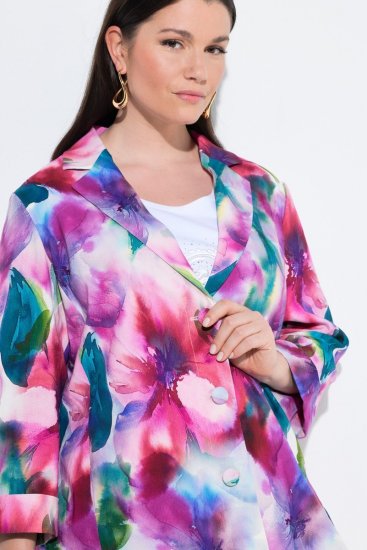 Ulla Popken 849728 Blomstret blazer i hørblanding Hvid - Blazere - Blazere i plusstørrelser til kvinder