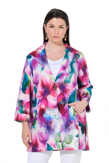 Ulla Popken 849728 Blomstret blazer i hørblanding Hvid - Blazere - Blazere i plusstørrelser til kvinder