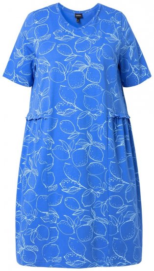 Ulla Popken 850204 Mønstret T-shirtkjole med flæser Blå - Jerseykjoler - 