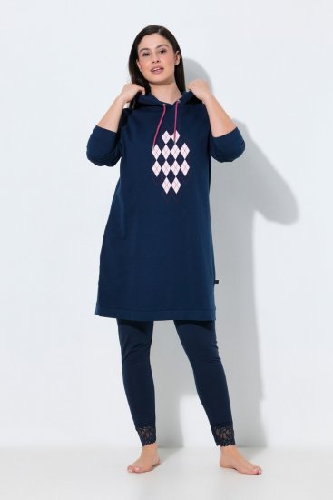 Ulla Popken 851749 Ternet hjemmekjole med hætte Mørkeblå - Pyjama/Loungewear - 