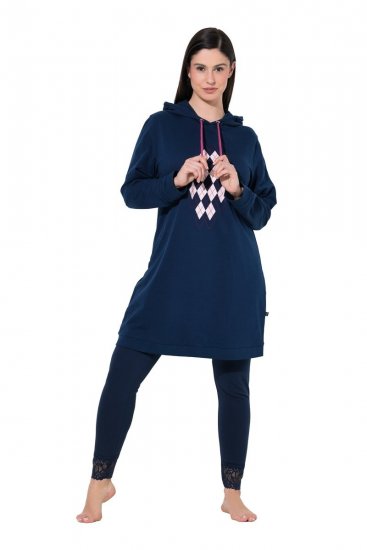 Ulla Popken 851749 Ternet hjemmekjole med hætte Mørkeblå - Pyjama/Loungewear - 
