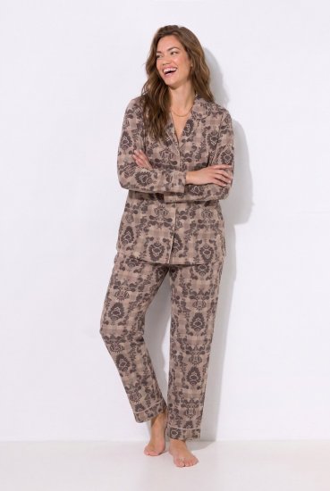 Ulla Popken 852649 Mønstret pyjamas med skjortekrave Brun - Pyjama/Loungewear - 