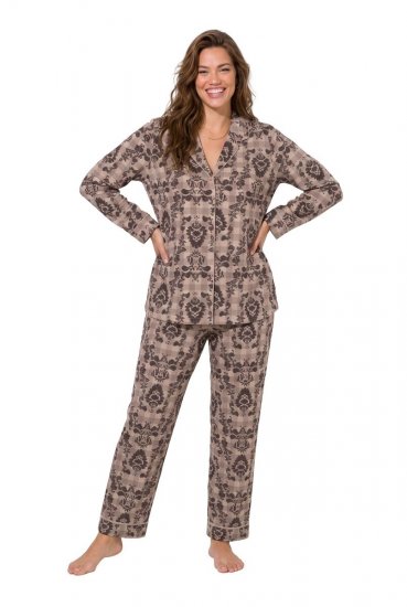 Ulla Popken 852649 Mønstret pyjamas med skjortekrave Brun - Pyjama/Loungewear - 