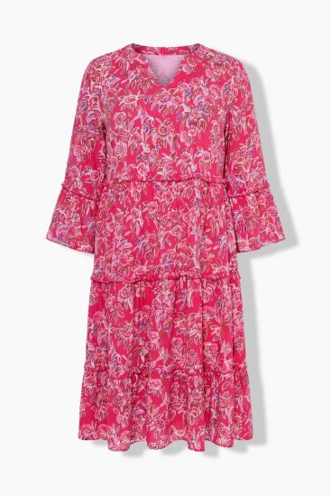 Ulla Popken 852841 Blomstret kjole med flæser Magenta - Midikjoler - Midikjoler i store størrelser
