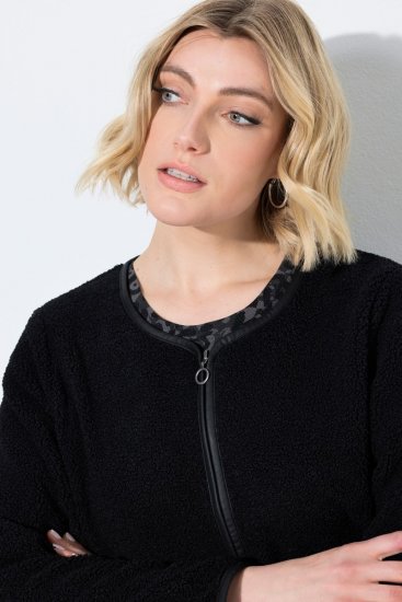 Ulla Popken 853685 Kort teddyjakke med kanter i læderlook Sort - Jakker - Dame jakker i store størrelser