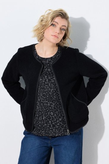 Ulla Popken 853685 Kort teddyjakke med kanter i læderlook Sort - Jakker - Dame jakker i store størrelser