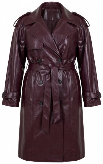 Ulla Popken 855617 Trenchcoat i læderlook med bindebælte Vinrød - Frakker - Frakker i store størrelser