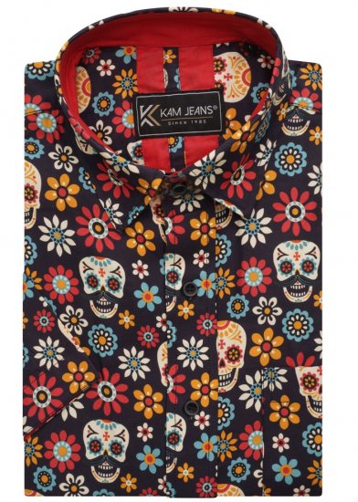 Kam Jeans 6040 Floral Skull Print Shirt Black - Skjorter - Skjorter til store mænd 2XL- 8XL