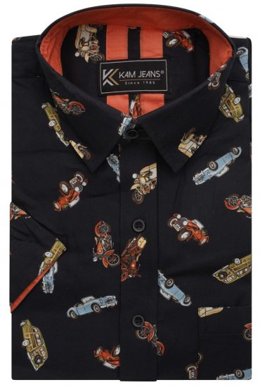Kam Jeans 6046 Vintage Car Digital Print Shirt Black - Skjorter - Skjorter til store mænd 2XL- 8XL