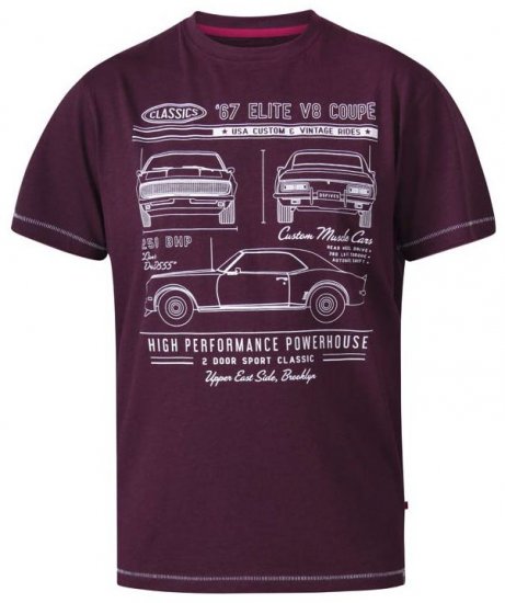 D555 Brady Classic Cars Crew Neck T-Shirt Burgundy - T-shirts - T-shirts i store størrelser - 2XL-14XL