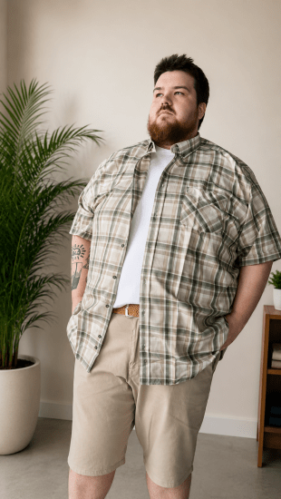 Kam Jeans 6339 Checked Short Sleeve Shirt Beige - Skjorter - Skjorter til store mænd 2XL- 8XL