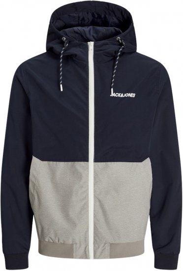Jack & Jones RUSH White/Grey Blocking Bomber Jacket with Hood Dark Blue - Jakker - Jakker i store størrelser, 2XL- 12XL