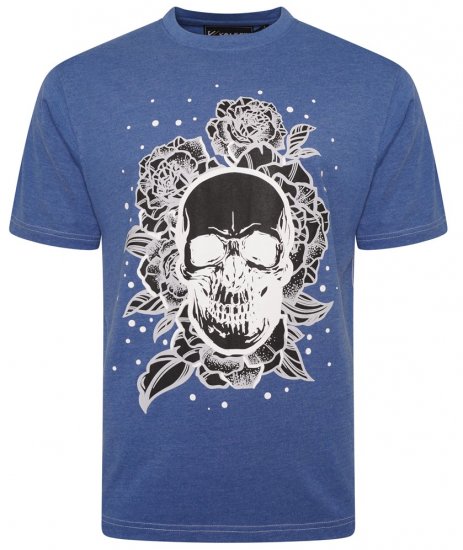 Kam Jeans 5704 Skull Rose Print Tee Blue Marl - T-shirts - T-shirts i store størrelser - 2XL-14XL