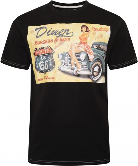 Kam Jeans 5751 Distressed Diners Print T-Shirt Black - T-shirts - T-shirts i store størrelser - 2XL-14XL