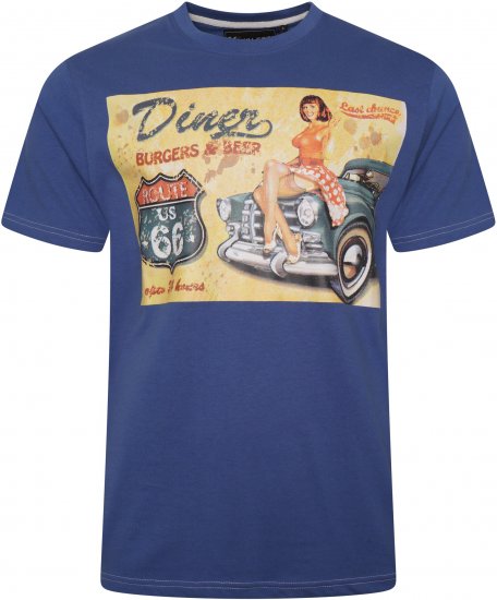 Kam Jeans 5751 Distressed Diners Print T-Shirt Blue - T-shirts - T-shirts i store størrelser - 2XL-14XL