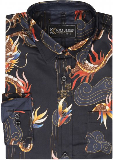 Kam Jeans 6057 LS Dragon Print Shirt Black - Skjorter - Skjorter til store mænd 2XL- 8XL