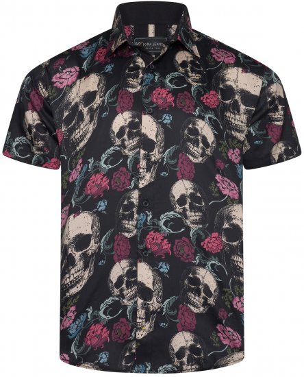 Kam Jean 6074 Kortærmet Skjorte med Dødningehovedprint Sort - Skjorter - Skjorter til store mænd 2XL- 8XL