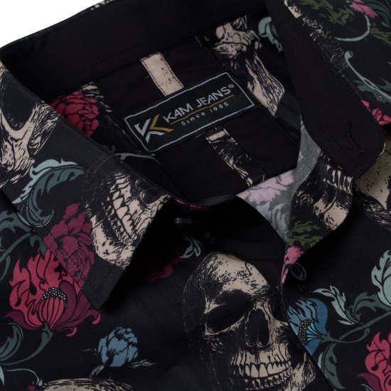Kam Jean 6074 Kortærmet Skjorte med Dødningehovedprint Sort - Skjorter - Skjorter til store mænd 2XL- 8XL