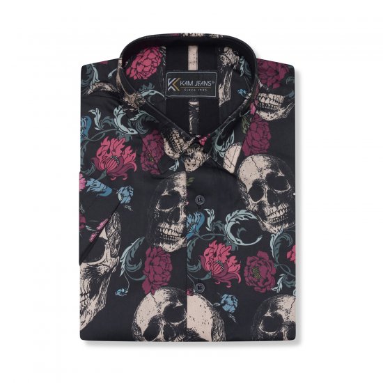 Kam Jean 6074 Kortærmet Skjorte med Dødningehovedprint Sort - Skjorter - Skjorter til store mænd 2XL- 8XL