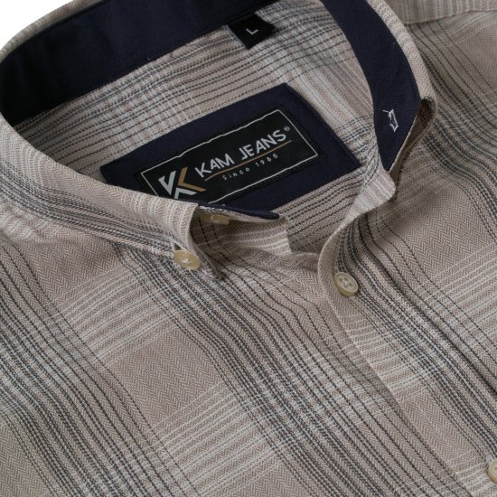 Kam Jeans 6382 Kortærmet Tekstureret Ternet Skjorte Beige - Skjorter - Skjorter til store mænd 2XL- 8XL