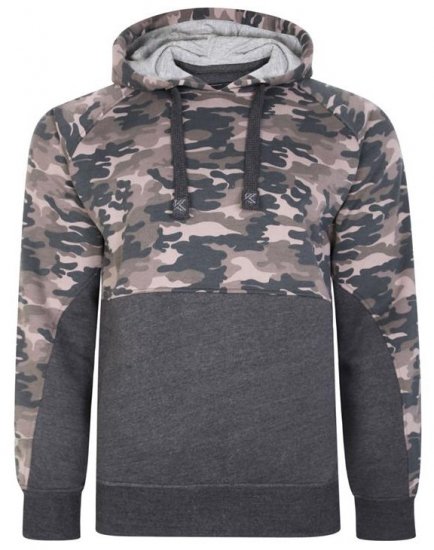 Kam Jeans 7036B Camo Pannelled Over The Head Hoody Charcoal - Trøjer og hættetrøjer - Trøjer og Hættetrøjer i store størrelser - 2XL-14XL
