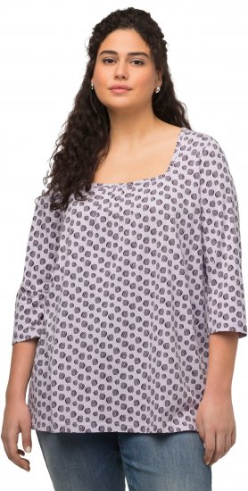 Ulla Popken Polka Dot 3/4 Sleeve Square Neck A-Line Tee Light Blue-Grey - Trykte T-shirts til kvinder - Printede T-shirts til Damer
