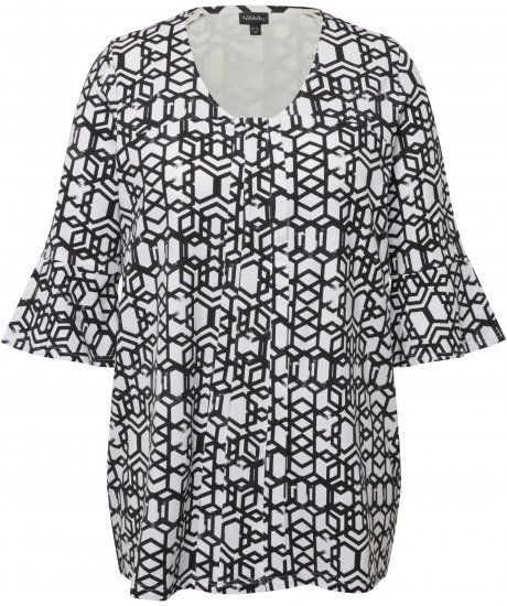 Ulla Popken Geometric Print Trumpet Sleeve Tee Black - Trykte T-shirts til kvinder - Printede T-shirts til Damer