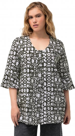 Ulla Popken Geometric Print Trumpet Sleeve Tee Black - Trykte T-shirts til kvinder - Printede T-shirts til Damer
