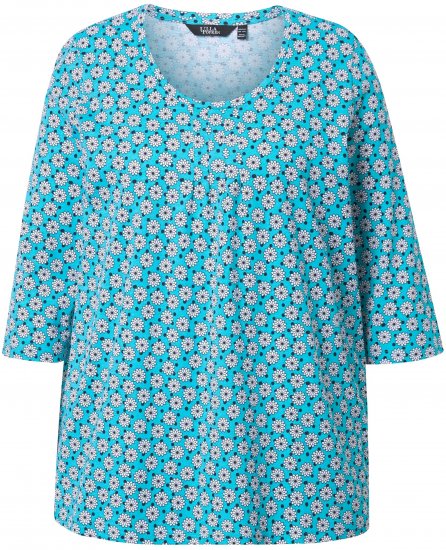 Ulla Popken Flower Print 3/4 Sleeve A-Line Tee Deep Aqua - Trykte T-shirts til kvinder - 