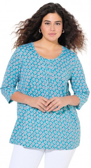 Ulla Popken Flower Print 3/4 Sleeve A-Line Tee Deep Aqua - Trykte T-shirts til kvinder - 