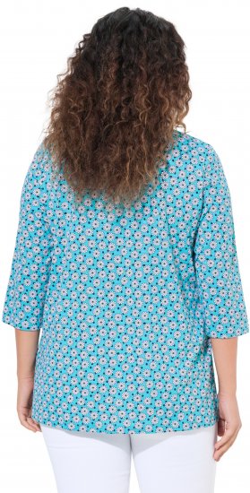 Ulla Popken Flower Print 3/4 Sleeve A-Line Tee Deep Aqua - Trykte T-shirts til kvinder - 