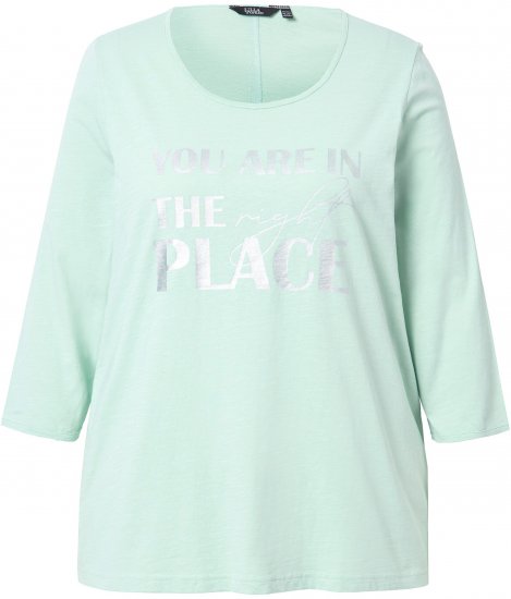 Ulla Popken Metallic Lettering 3/4 Sleeve Tee Mint Green - Trykte T-shirts til kvinder - 