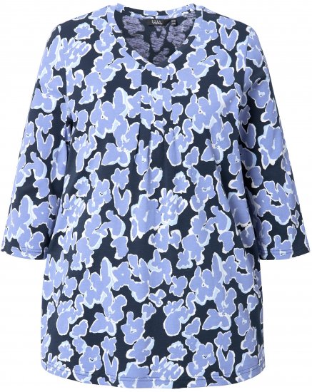 Ulla Popken Floral Print 3/4 Sleeve V-Neck Tee Navy Blue - Trykte T-shirts til kvinder - 