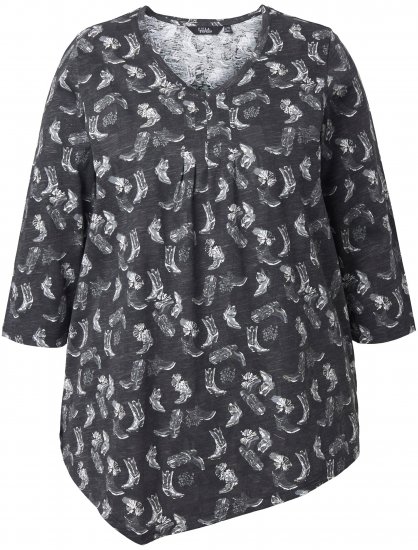 Ulla Popken Asymmetric Cowboy Boot Print Tee Black - Trykte T-shirts til kvinder - 