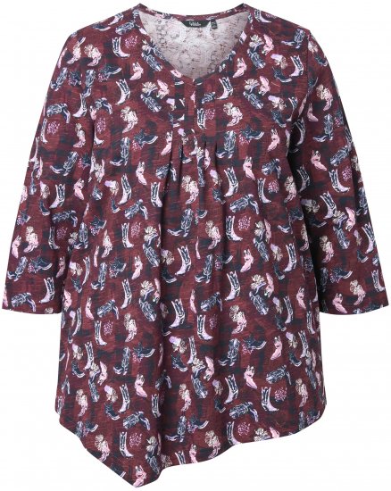 Ulla Popken Asymmetric Cowboy Boot Print Tee Dark Ruby - Trykte T-shirts til kvinder - 