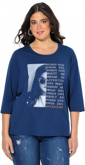 Ulla Popken Inspirational Graphic Lettering 3/4 Sleeve Tee Dark Blue - Trykte T-shirts til kvinder - 