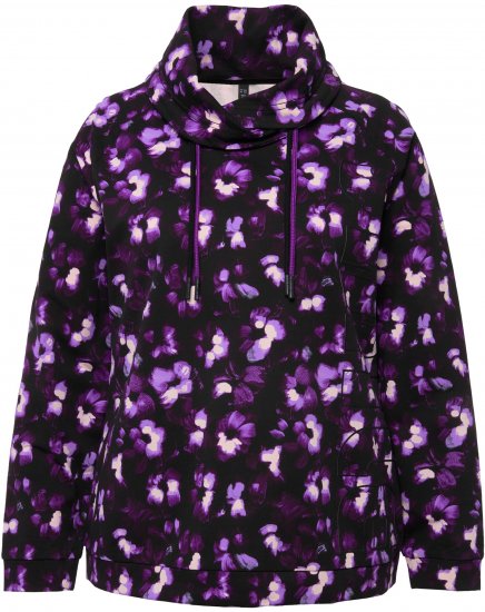 Ulla Popken Floral Print Drawstring Collar Hoodie Black - Hættetrøjer og sweatshirts - 