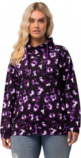 Ulla Popken Floral Print Drawstring Collar Hoodie Black - Hættetrøjer og sweatshirts - 