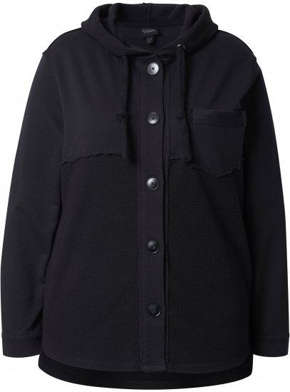 Ulla Popken Mixed Texture Button Down Hoodie Black - Hættetrøjer og sweatshirts - Bløde sweatshirts, hoodies & strik