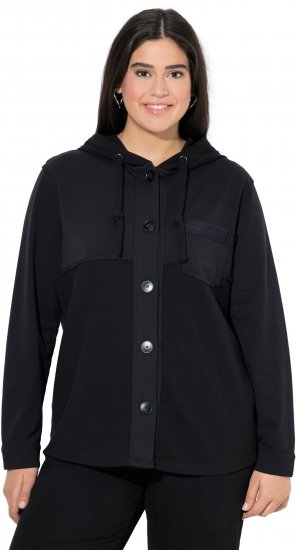 Ulla Popken Mixed Texture Button Down Hoodie Black - Hættetrøjer og sweatshirts - Bløde sweatshirts, hoodies & strik