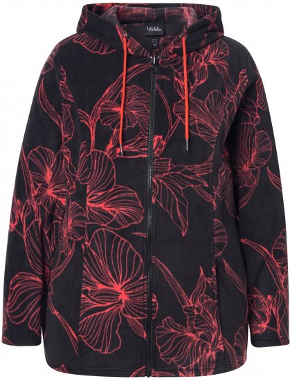 Ulla Popken Fleece Flower Print Zip-Up Hoodie Black - Hættetrøjer og sweatshirts - Bløde sweatshirts, hoodies & strik
