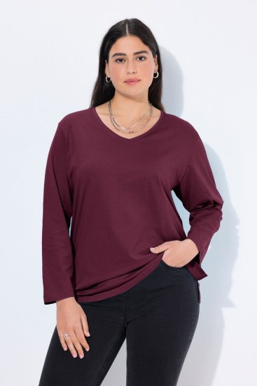 Ulla Popken Back To Basics V-Neck Relaxed Fit Cotton Tee Dark Berry - T-shirts - T-shirts til kvinder