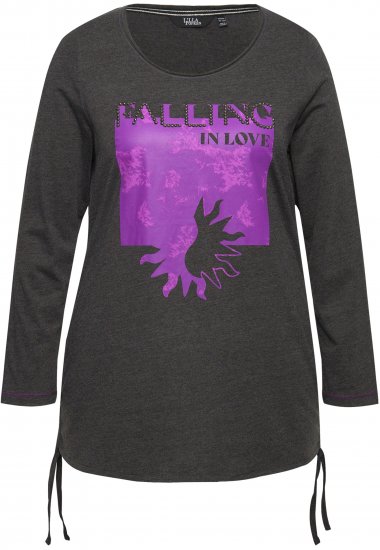 Ulla Popken Tie Hem Long Sleeve Graphic Tee Charcoal Grey Melange - Trykte T-shirts til kvinder - 