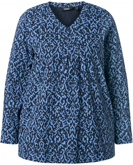 Ulla Popken Geometric Print 3/4 Sleeve Pleated Tee Navy Blue - Trykte T-shirts til kvinder - Printede T-shirts til Damer