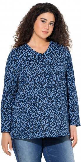 Ulla Popken Geometric Print 3/4 Sleeve Pleated Tee Navy Blue - Trykte T-shirts til kvinder - Printede T-shirts til Damer