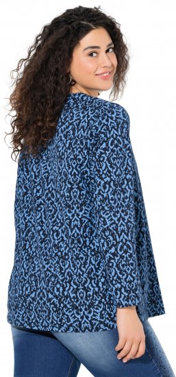 Ulla Popken Geometric Print 3/4 Sleeve Pleated Tee Navy Blue - Trykte T-shirts til kvinder - Printede T-shirts til Damer