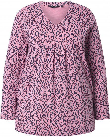 Ulla Popken Geometric Print 3/4 Sleeve Pleated Tee Raspberry - Trykte T-shirts til kvinder - Printede T-shirts til Damer