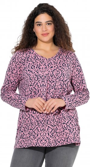 Ulla Popken Geometric Print 3/4 Sleeve Pleated Tee Raspberry - Trykte T-shirts til kvinder - Printede T-shirts til Damer